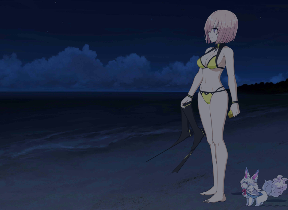 1girl, beach, bikini, fate/grand_order, fate_(series), fou_(fate), mash_kyrielight, mash_kyrielight_(dive_to_blue)