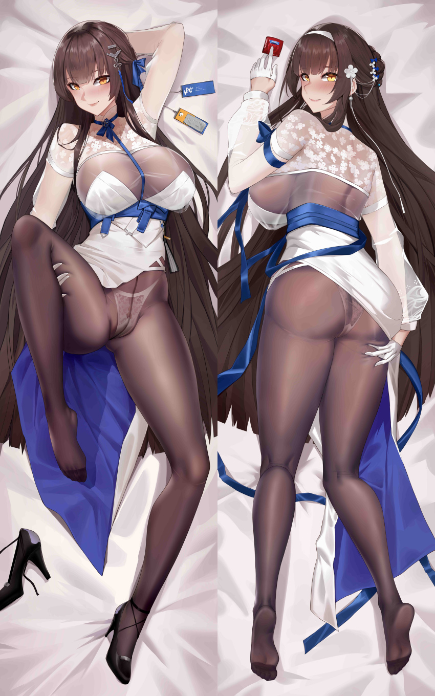 1girl, absurdres, arm_up, armband, ass, bed_sheet, between_fingers, black_footwear, blue_choker, blue_ribbon, blush, bodystocking, braid, braided_bun, breasts, brown_hair, brown_pantyhose, cameltoe, chinese_commentary, choker, closed_mouth, clothing_aside, condom, condom_wrapper, crotch_seam, daiyan_(neural_cloud), dakimakura_(medium), doveking, dress, durex, earrings, floral_print, flower, framed_breasts, from_above, full_body, girls'_frontline, girls'_frontline_neural_cloud, gloves, hair_bun, hair_flower, hair_ornament, hair_ribbon, hairband, half_gloves, hand_on_own_ass, high_heels, highres, holding, holding_condom, jewelry, knee_up, lace, lace_panties, large_breasts, lips, long_hair, looking_at_viewer, lying, multiple_views, no_shoes, on_back, on_stomach, orange_eyes, panties, panties_under_pantyhose, pantyhose, pelvic_curtain, pelvic_curtain_aside, ribbon, see-through_clothes, see-through_sleeves, shoes, single_shoe, smile, soles, spread_legs, straight_hair, two-sided_fabric, type_95_(girls'_frontline), underwear, unworn_shoe, unworn_shoes, white_dress, white_gloves, white_hairband, white_panties