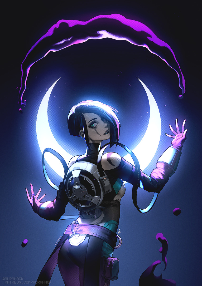 1girl, apex_legends, aurahack, black_eyeshadow, black_hair, black_lips, blue_eyes, blue_hair, bodysuit, breasts, catalyst_(apex_legends), eye_piercing, eyebrow_piercing, eyeshadow, face_piercing, from_behind, gloves, head_tilt, highres, hydrokinesis, looking_at_viewer, looking_back, makeup, multicolored_bodysuit, multicolored_hair, piercing, short_hair, small_breasts, solo, streaked_hair, water