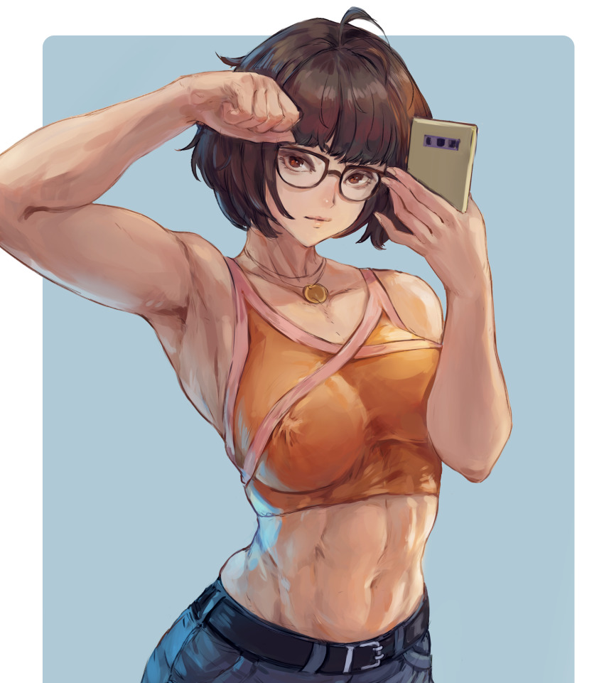 1girl, abs, absurdres, ahoge, alternate_costume, armpits, belt, black-framed_eyewear, breasts, brown_eyes, brown_hair, cellphone, commentary, covered_erect_nipples, denim, flexing, glasses, highres, holding, holding_phone, jeans, jewelry, large_breasts, looking_at_viewer, midriff, muscular, muscular_female, navel, necklace, orange_eyes, pants, phone, scooby-doo_(series), selfie, short_hair, smartphone, solo, tank_top, tezy8art, untranslatable_commentary, velma_dinkley