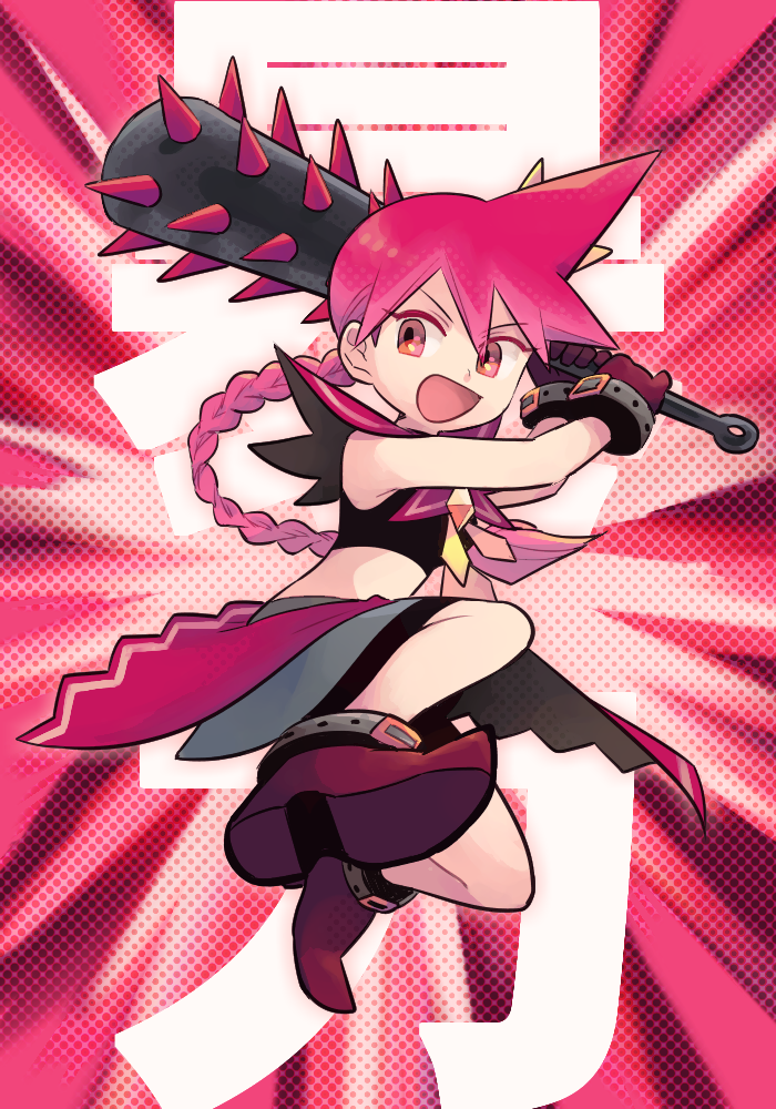 1girl, braid, club, club_(weapon), full_body, gloves, grey_skirt, kouenji_tsubame, long_hair, midriff, open_mouth, red_eyes, red_gloves, red_hair, seizei_ganbare!_mahou_shoujo_kurumi, single_braid, skirt, smile, solo, spiked_club, tsunoji, weapon