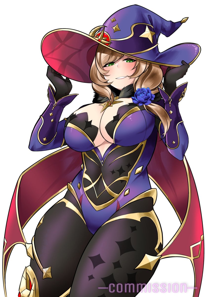 1girl, black_gloves, black_pantyhose, blue_flower, blue_hat, blue_leotard, blush, breasts