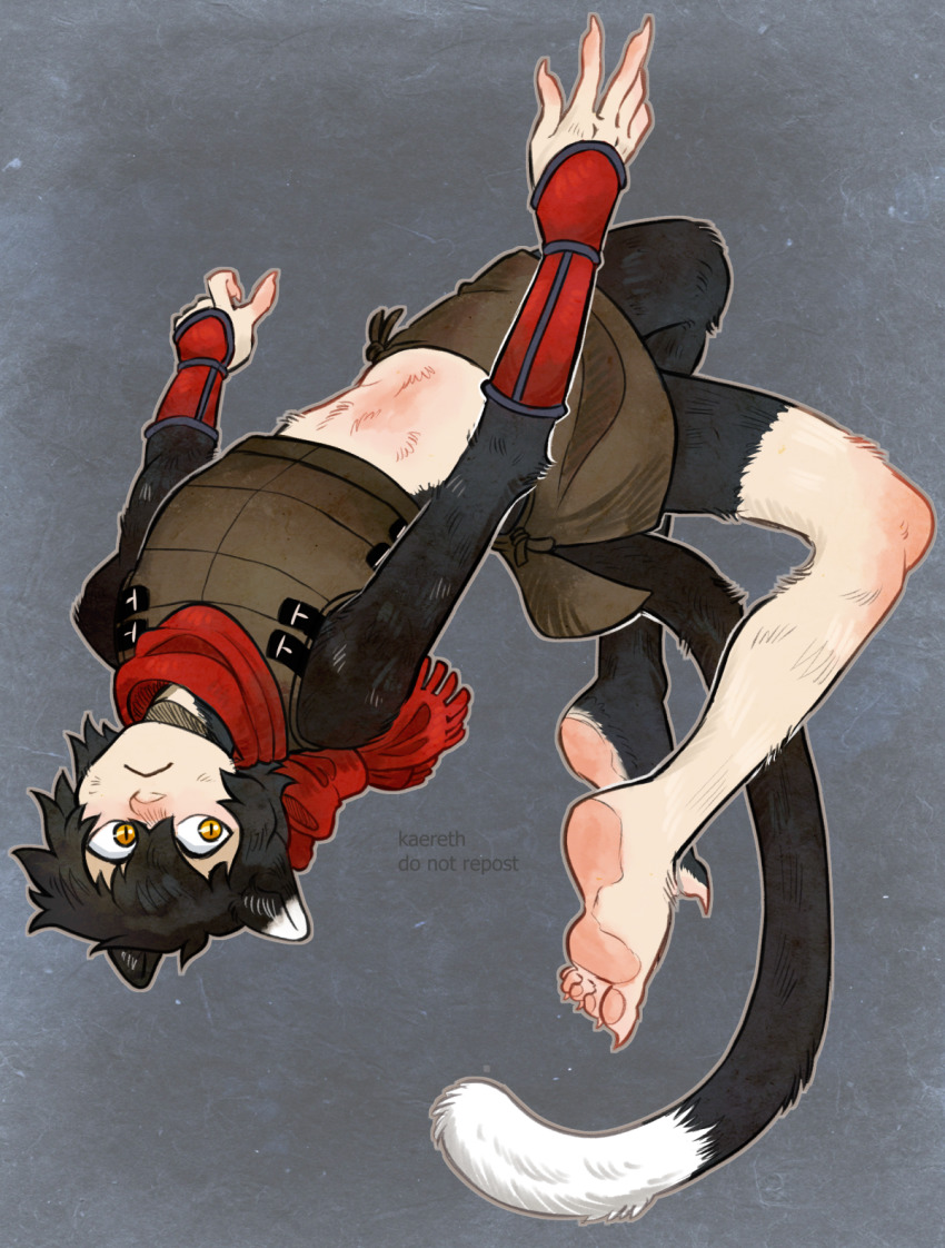 animal_ears, armor, backflip, barefoot, black_fur, black_hair, bracer, cat_ears