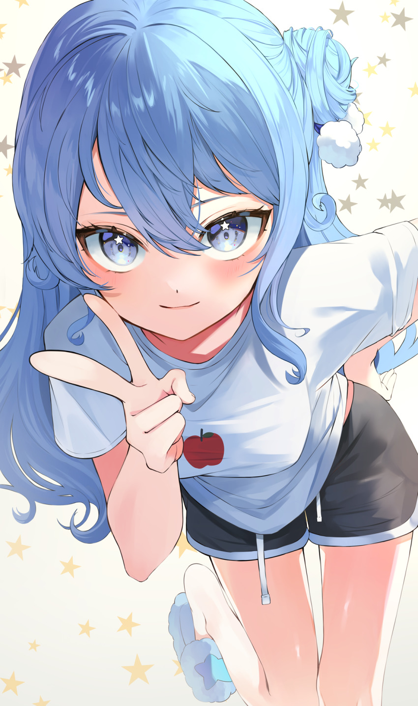 1girl, blue_eyes, blue_hair, casual, dadada, foreshortening, hair_between_eyes, hair_bun, highres, hololive, hoshimachi_suisei, leaning_forward, long_hair, looking_at_viewer, shirt, shorts, slippers, smile, solo, star_(symbol), star_in_eye, symbol_in_eye, t-shirt, v, virtual_youtuber, white_shirt