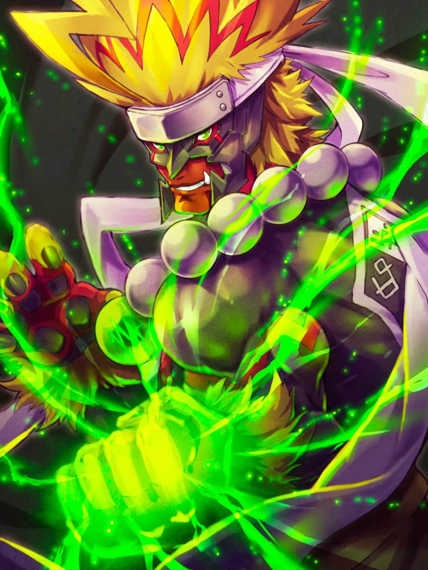 1boy, aura, blonde_hair, boutmon, clenched_hands, clenched_teeth, digimon, digimon_(creature)