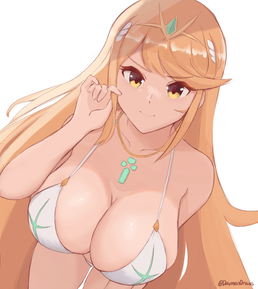 1girl, absurdres, artist_name, bikini, blonde_hair, breasts, cleavage, dayman
