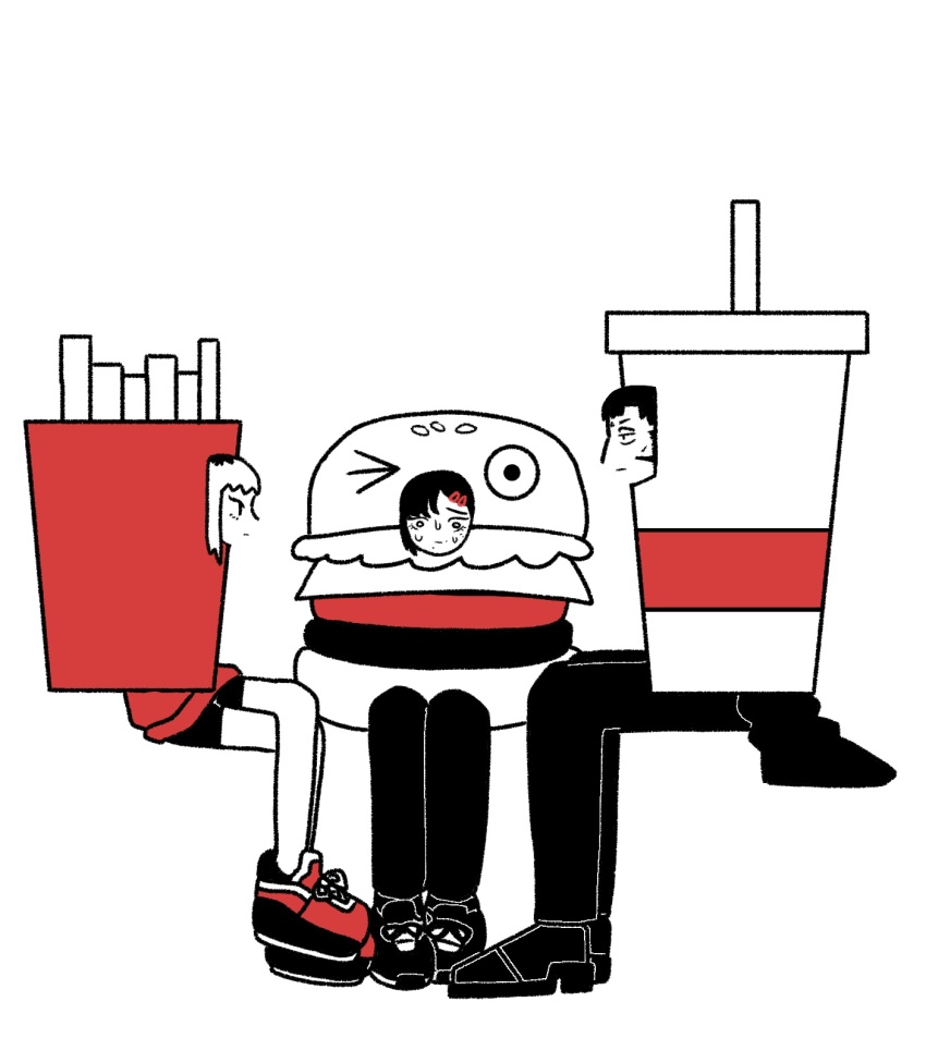 1boy, 2girls, black_hair, black_pants, burger, chainsaw_man, closed_mouth, crossed_legs