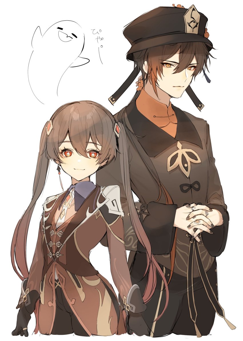 1boy, 1girl, absurdres, black_gloves, black_headwear, black_nails, boo_tao_(genshin_impact), breasts