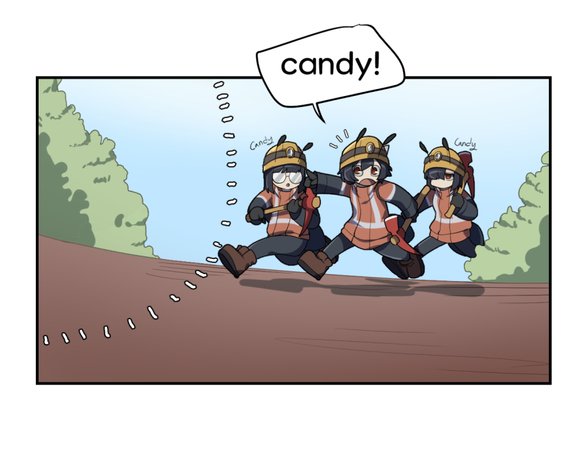 3girls, 4koma, activity_ant_(gomulgong), ant_girl, arthropod_girl, black_gloves, black_hair, black_pants