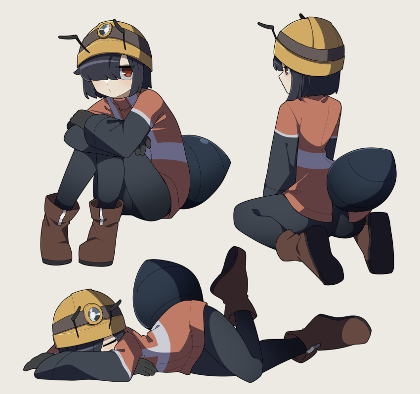 1girl, absurdres, ant_girl, antennae, arthropod_girl, black_gloves, black_hair, boots, brown_footwear, gloves, hair_over_one_eye, highres, junkzero, knees_up, looking_at_viewer, multiple_views, original, red_eyes, simple_background, sleeping, tan_background, tired_ant_(gomulgong)