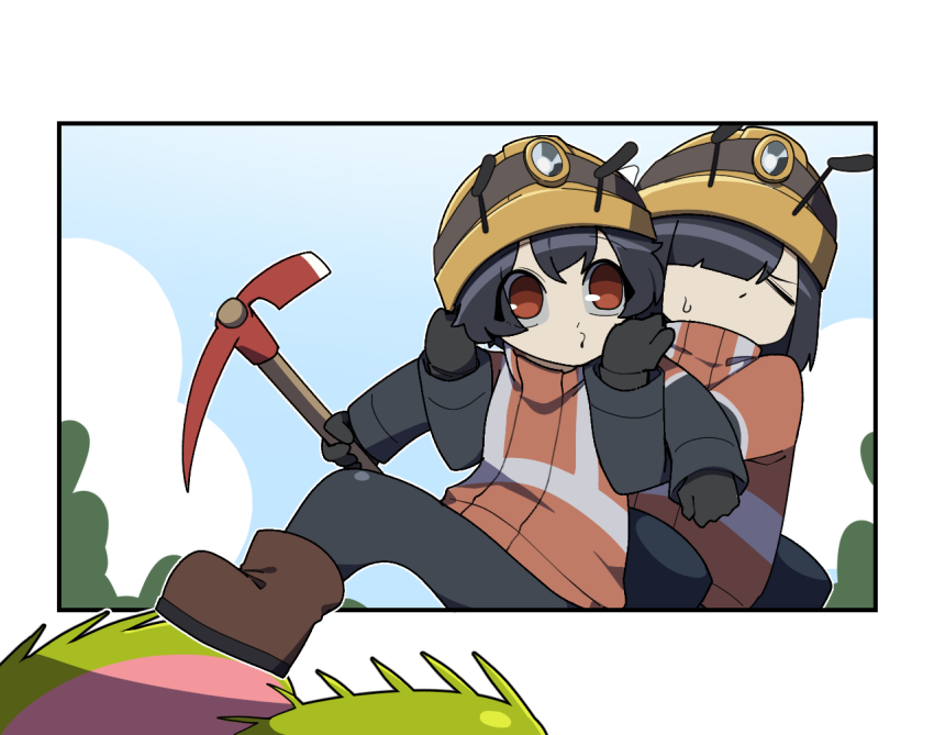 2girls, 4koma, activity_ant_(gomulgong), ant_girl, antennae, arthropod_girl, black_gloves, black_hair