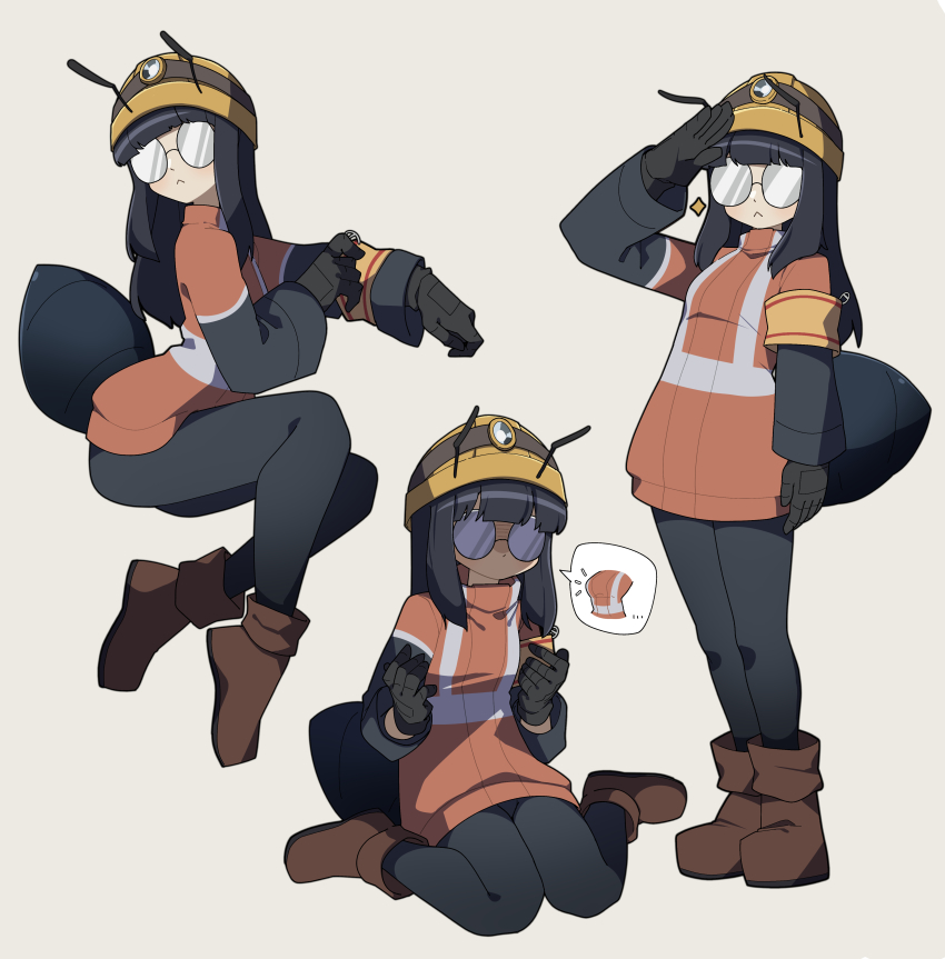1girl, absurdres, ant_girl, antennae, arthropod_girl, black_footwear, black_gloves, black_hair, black_pants, boots, breast_conscious, glasses_ant_(gomulgong), gloves, helmet, highres, invisible_chair, junkzero, multiple_views, original, pants, red_hair, salute, shadow, simple_background, sitting, standing, tan_background