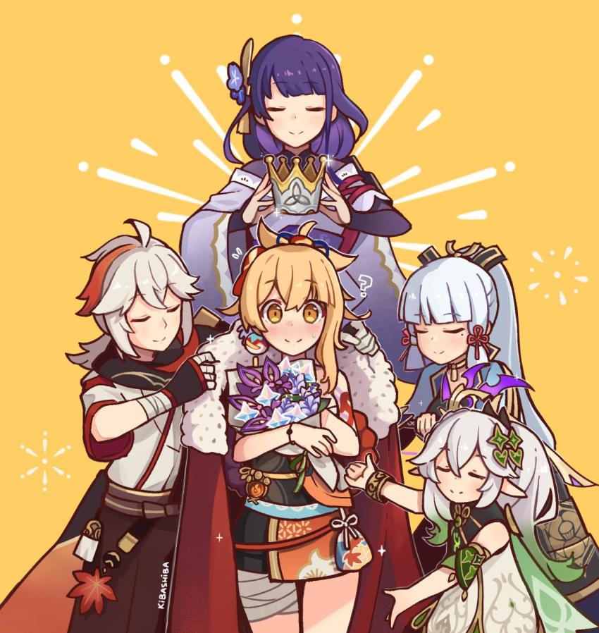 1boy, 4girls, ?, ayaka_(genshin_impact), black_scarf, blonde_hair, blue_hair, blunt_bangs