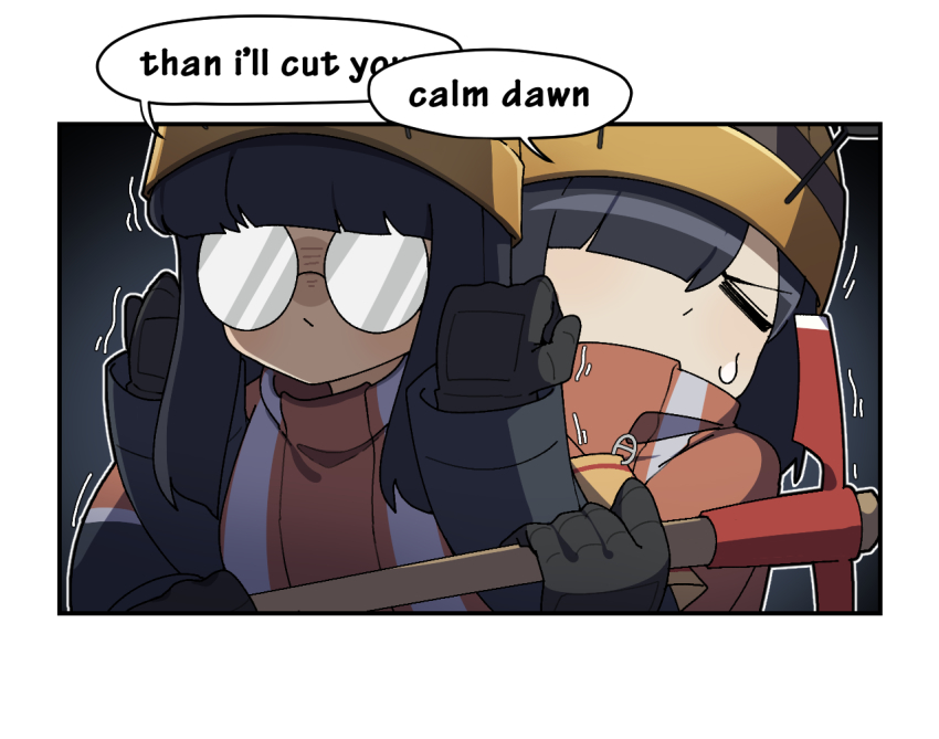 2girls, 4koma, ant_girl, antennae, arthropod_girl, black_gloves, black_hair, closed_eyes