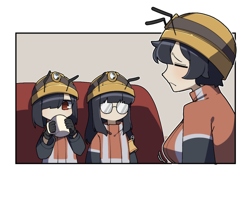 3girls, 4koma, activity_ant_(gomulgong), ant_girl, antennae, arthropod_girl, black_gloves, black_hair