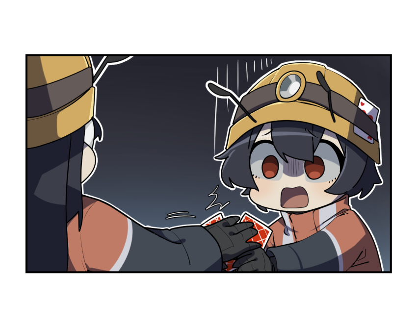 2girls, 4koma, activity_ant_(gomulgong), ant_girl, antennae, arthropod_girl, black_background, black_gloves
