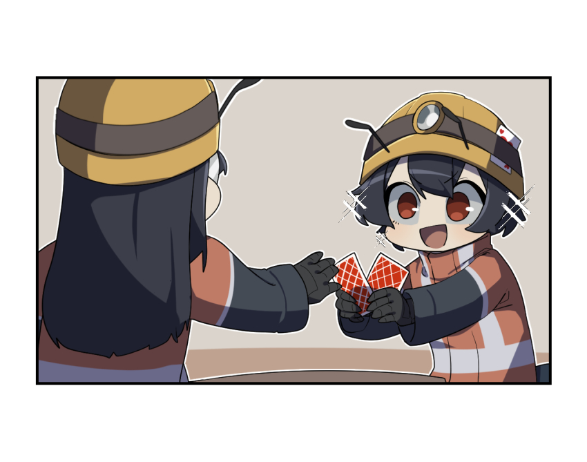 2girls, 4koma, activity_ant_(gomulgong), ant_girl, antennae, arthropod_girl, black_gloves, black_hair