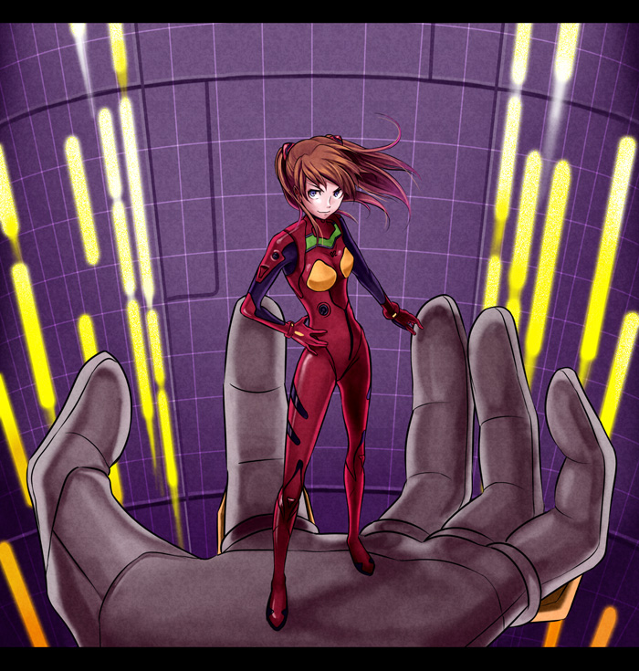1girl, bad_id, bad_pixiv_id, blue_eyes, brown_hair, female_focus, giant_hand, hand_on_own_hip, hip_focus, hm_(toraoh), in_palm, latex, long_hair, mecha, mecha_pilot_suit, neon_genesis_evangelion, plugsuit_(evangelion), robot, smile, solo, solo_focus, souryuu_asuka_langley