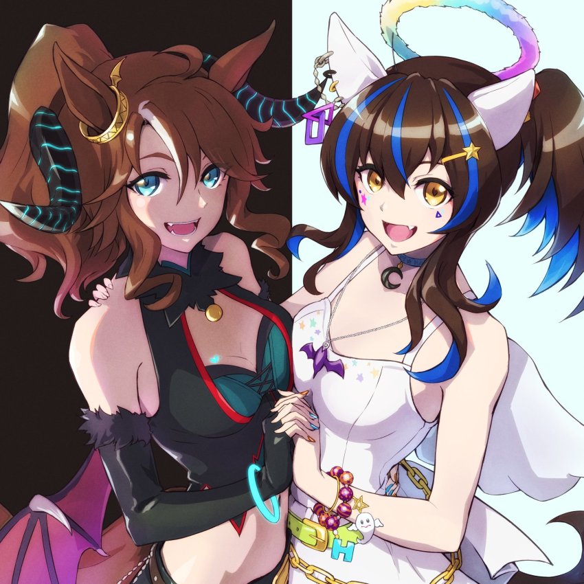 2girls, :d, ahoge, animal_ears, bare_shoulders, black_background, black_gloves, blue_background, blue_choker, blue_hair, blue_nails, blush, breasts, brown_hair, choker, cleavage, collarbone, commentary_request, crescent, daitaku_helios_(sunshine_angel)_(umamusume), daitaku_helios_(umamusume), demon_wings, dress, elbow_gloves, facial_mark, fake_halo, fake_wings, fang, fingerless_gloves, fur-trimmed_gloves, fur_trim, gloves, hair_between_eyes, halo, highres, holding_hands, horns, horse_ears, horse_girl, horse_tail, interlocked_fingers, looking_at_viewer, low_wings, medium_breasts, mejiro_palmer_(devil_in_the_moonlight)_(umamusume), mejiro_palmer_(umamusume), mini_wings, multicolored_hair, multiple_girls, nail_polish, open_mouth, orange_nails, pink_wings, ponytail, sleeveless, sleeveless_dress, smile, star_(symbol), streaked_hair, tail, tenkey2022, two-tone_background, two-tone_hair, umamusume, white_dress, white_wings, wings