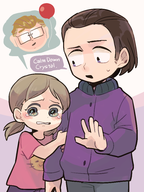 1girl, 2boys, balloon, black_hair, brother_and_sister, brown_hair, child, crying