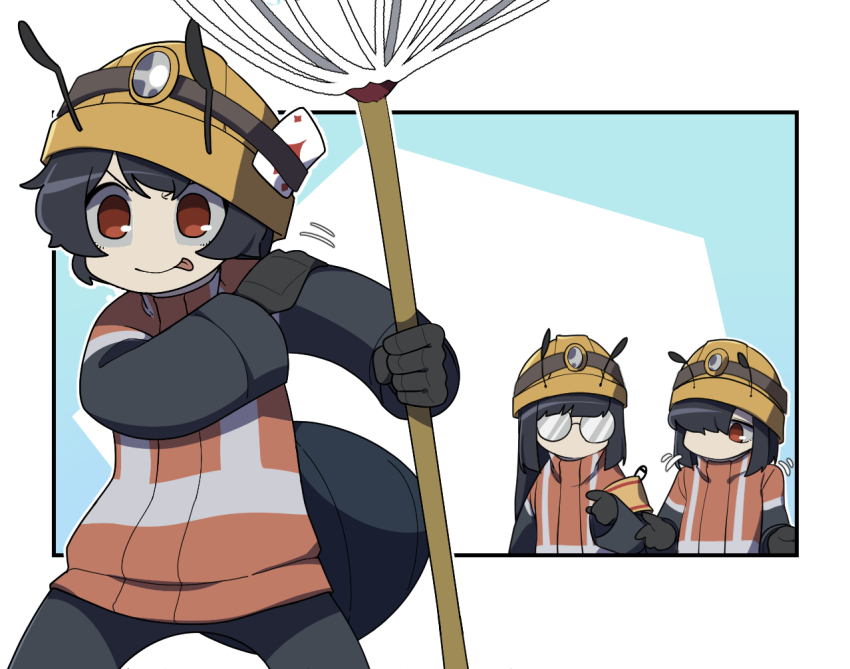 3girls, 4koma, activity_ant_(gomulgong), ant_girl, antennae, arthropod_girl, black_gloves, black_hair