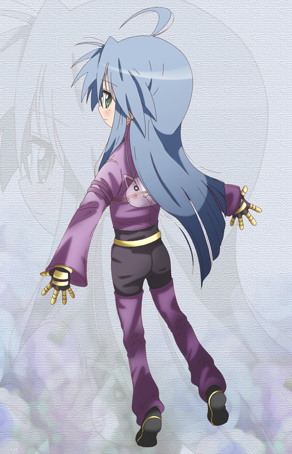 1girl, ahoge, blue_hair, cosplay, female_focus, green_eyes, izumi_konata, kula_diamond, kula_diamond_(cosplay), long_hair, looking_back, lucky_star, mole, mole_under_eye, nyamou, snk, solo, the_king_of_fighters, yamasaki_wataru