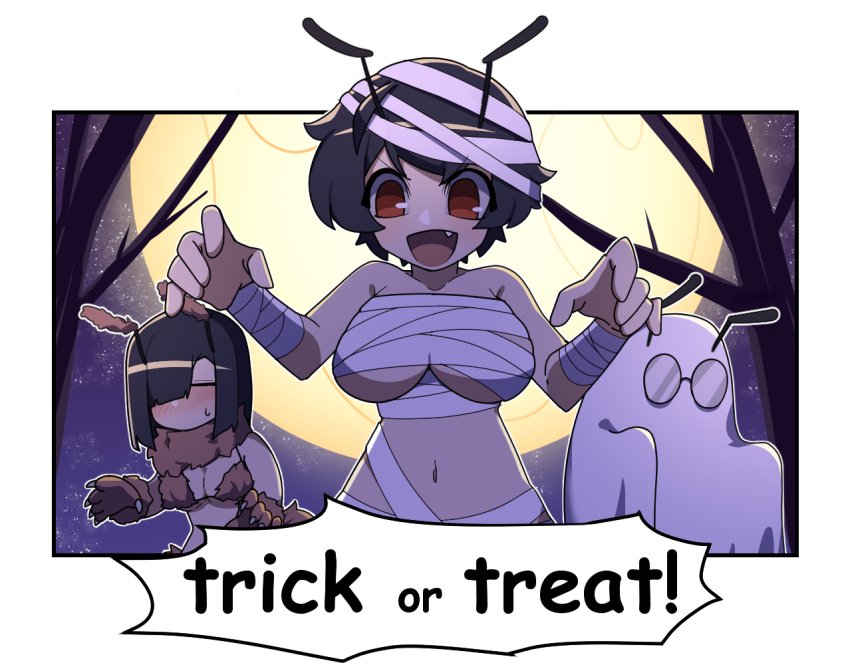 4koma, activity_ant_(gomulgong), ant_girl, antennae, arthropod_girl, bandages, bare_shoulders, black_hair, breasts, cleavage, closed_eyes, comic, english_text, glasses, glasses_ant_(gomulgong), hair_over_one_eye, halloween, junkzero, large_breasts, mummy_costume, naked_bandage, navel, night, original, outdoors, segmented_comic, short_hair, sky, speech_bubble, star_(sky), starry_sky, tired_ant_(gomulgong), tree, trick_or_treat, werewolf_costume