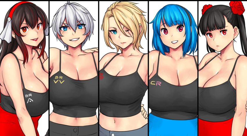 5girls, abigail_fahrenheit, black_hair, black_hairband, blonde_hair, blue_eyes, blue_hair, breasts