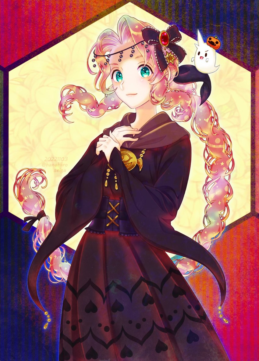 1girl, 39cva, aerith_gainsborough, ahriman, black_bow, black_dress, black_ribbon, bow, braid, braided_ponytail, brown_hair, cloud_strife, cowboy_shot, dress, final_fantasy, final_fantasy_airborne_brigade, final_fantasy_vii, ghost, green_eyes, hair_bow, hair_ornament, hair_ribbon, halloween, hand_on_own_chest, head_chain, highres, jewelry, long_dress, long_hair, long_sleeves, looking_at_viewer, multicolored_background, official_alternate_costume, own_hands_together, parted_bangs, pumpkin_on_head, ribbon, sidelocks, smile, solo_focus, spiked_hair, square_enix, standing, wavy_hair, wide_sleeves