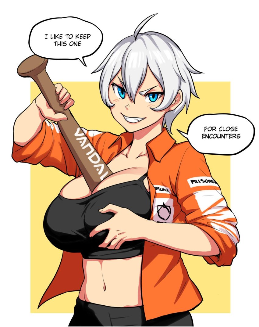 1girl, baseball_bat, between_breasts, black_sports_bra, blue_eyes, breasts, cleavage, english_text