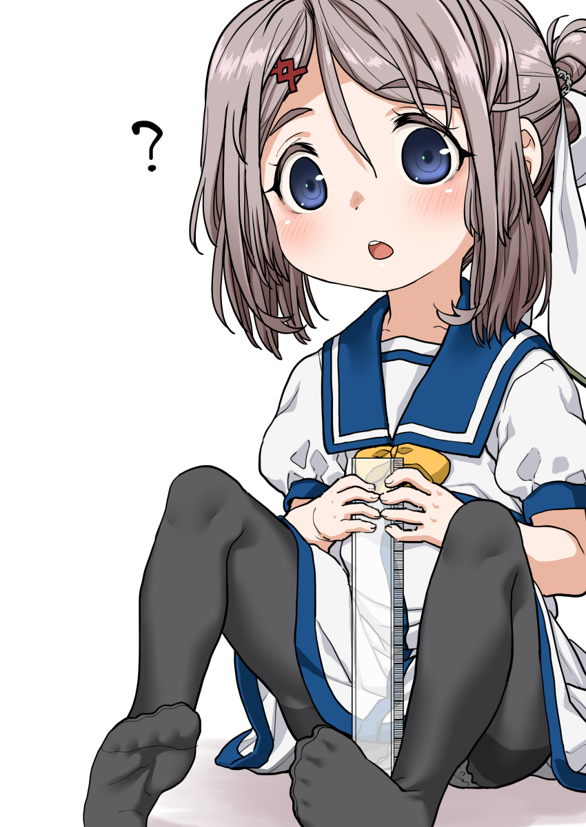 1girl, :o, ?, black_pantyhose, blue_eyes, blue_sailor_collar, blush, commentary_request, dress, female_focus, grey_hair, hair_bun, hair_ornament, hair_ribbon, hairclip, harukaze_unipo, highres, holding, holding_ruler, kaiboukan_no._30_(kancolle), kantai_collection, loli, looking_at_viewer, measuring, pantyhose, parted_lips, ribbon, ruler, sailor_collar, sailor_dress, sexually_suggestive, short_hair, short_sleeves, simple_background, sitting, solo, white_background, white_dress, white_ribbon