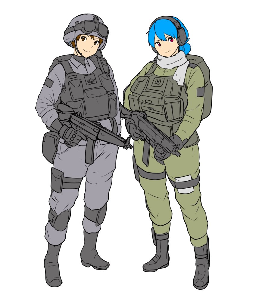 2girls, ayumi_(erkaz), black_footwear, blue_hair, boots, brown_hair, character_request, erkaz