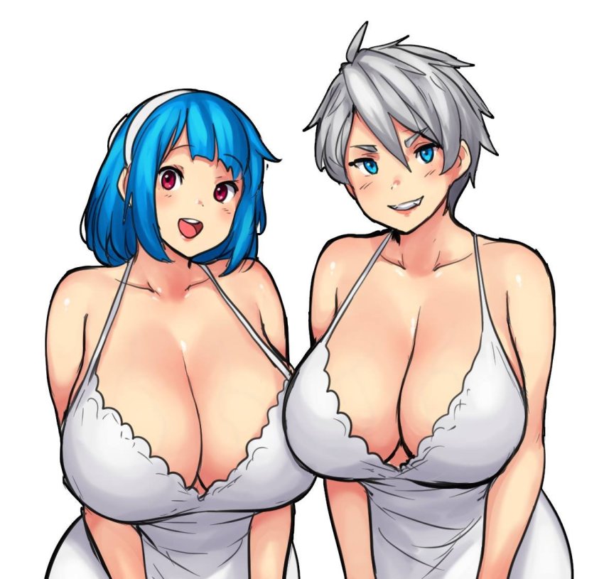 2girls, bare_shoulders, blue_eyes, blue_hair, blush, breasts, dress, erkaz