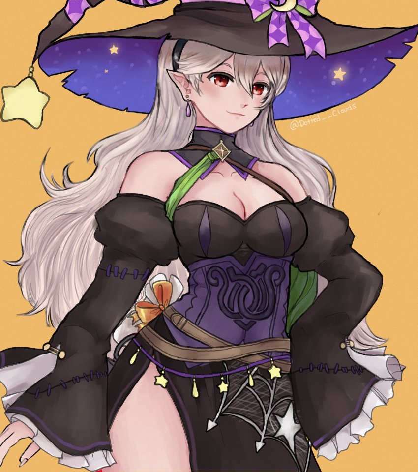 1girl, bare_shoulders, black_dress, breasts, cleavage, female_corrin_(fire_emblem), dotted_clouds, dress, fire_emblem, fire_emblem_fates, fire_emblem_heroes, hairband, hat, highres, large_breasts, long_hair, long_sleeves, looking_at_viewer, medium_breasts, nintendo, pointy_ears, red_eyes, silk, smile, solo, spider_web, star_(symbol), stitches, thighs, white_hair, witch_hat