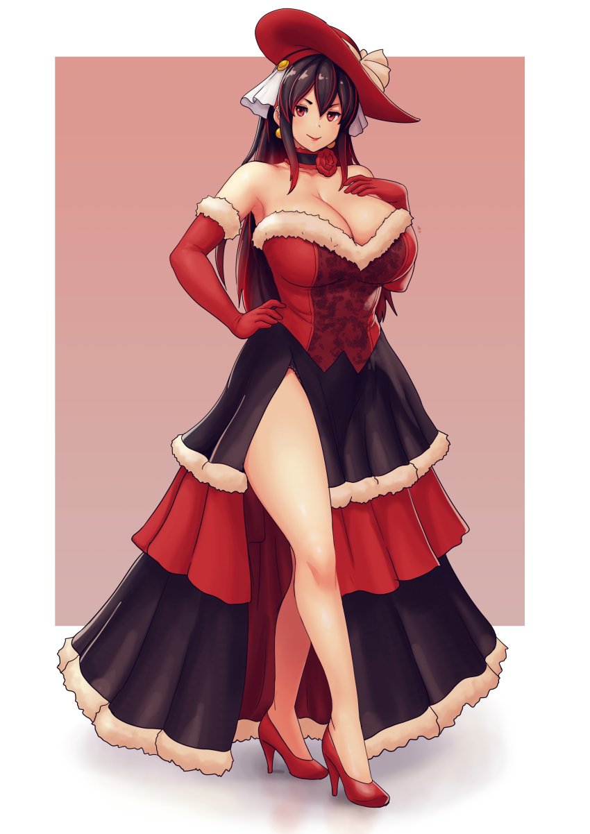 1girl, absurdres, bare_shoulders, black_choker, black_hair, breasts, choker, dress