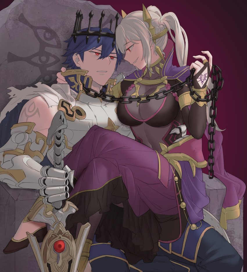 1boy, 1girl, absurdres, arm_tattoo, armor, bad_end, breasts, chain, chain_leash, chrom_(fell_exalt)_(fire_emblem), chrom_(fire_emblem), cleavage, corruption, crown, dark_persona, ebinku, evil_smile, eyes_of_grima, fake_horns, female_robin_(fire_emblem), female_robin_(grima)_(fell_tactician)_(fire_emblem), female_robin_(grima)_(fire_emblem), femdom, fire_emblem, fire_emblem_awakening, fire_emblem_cipher, fire_emblem_heroes, gauntlets, grey_hair, grima_(fire_emblem), highres, horned_headwear, horns, intelligent_systems, leash, long_skirt, looking_at_another, mind_control, nintendo, official_alternate_costume, possessed, possession, see-through_cleavage, see-through_clothes, sitting, sitting_on_lap, sitting_on_person, skirt, smile, tattoo, twintails