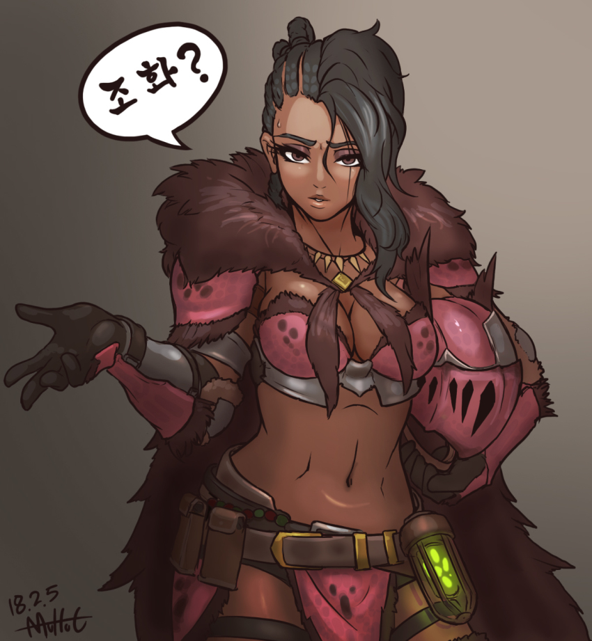 anjanath_(armor), armor, breasts, capcom, dark-skinned_female, dark_skin, highres, monster_hunter:_world, monster_hunter_(series), muhut, provisions_manager_(monster_hunter_world)