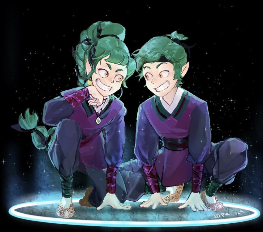 1boy, 1girl, black_background, black_pants, brother_and_sister, edric_blight, emira_blight, green_hair