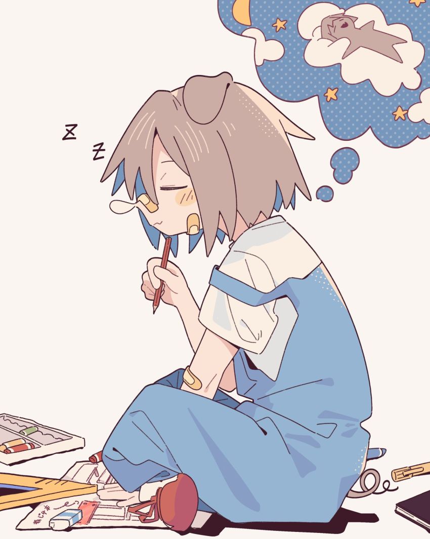 1girl, animal_ears, bandaid, bandaid_on_arm, bandaid_on_face, breadspie, brown_hair, closed_eyes, do_it_yourself!!, hand_up, highres, holding, holding_pencil, nose_bubble, pencil, red_footwear, shirt, short_hair, short_sleeves, sitting, sleeping, solo, speech_bubble, thought_bubble, white_background, white_shirt, yua_serufu, zzz
