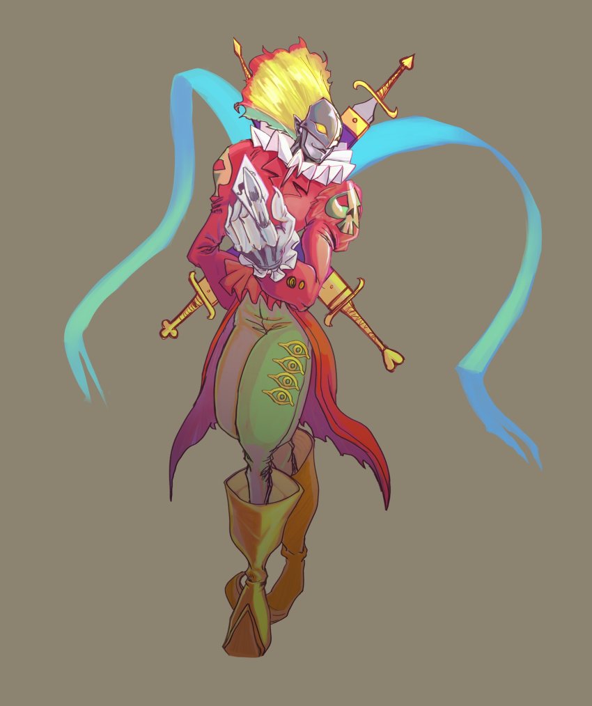 1boy, arm_behind_back, boots, brown_background, brown_boots, digimon, digimon_(creature), digimon_adventure