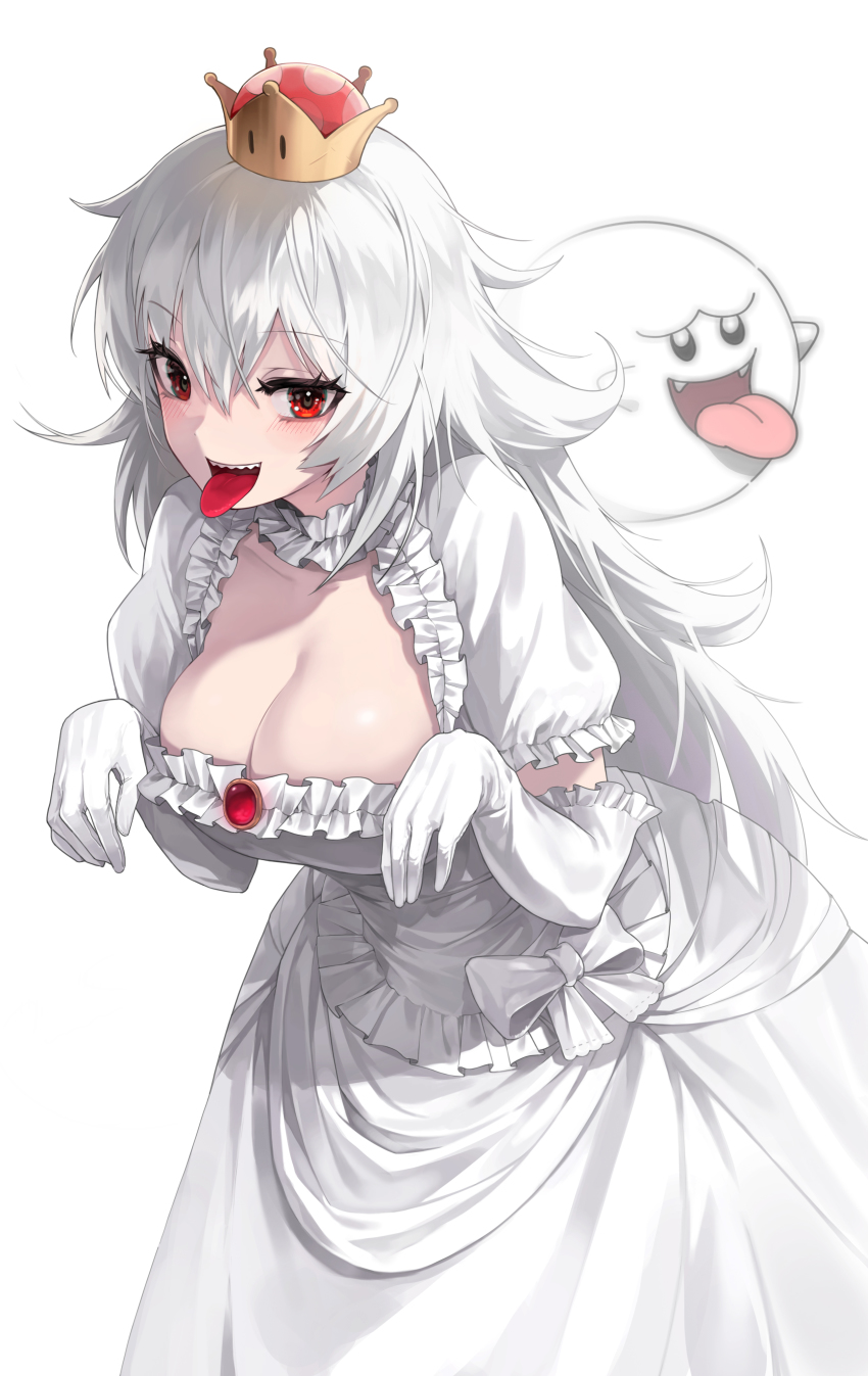 1girl, absurdres, black_eyes, blush, boo_(mario), bow, breasts, brooch, cleavage, crown, dress, elbow_gloves, fangs, female_focus, frilled_dress, frilled_sleeves, frills, gem, ghost, gloves, hair_between_eyes, hands_up, happy, highres, jewelry, k_hottok, large_breasts, leaning_forward, long_hair, looking_at_viewer, mario_(series), messy_hair, mini_crown, new_super_mario_bros._u_deluxe, nintendo, open_mouth, princess_king_boo, red_eyes, red_gem, sharp_teeth, shiny_skin, short_sleeves, sidelocks, simple_background, smile, solo_focus, standing, super_crown, teeth, tongue, tongue_out, very_long_hair, white_background, white_bow, white_dress, white_gloves, white_hair, white_theme, yellow_headwear