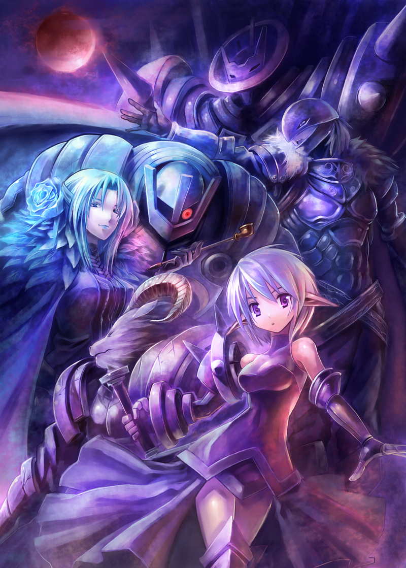 1boy, 2girls, armor, artemisia_(pixiv_fantasia), blue_eyes, blue_hair, blue_rose, edobox