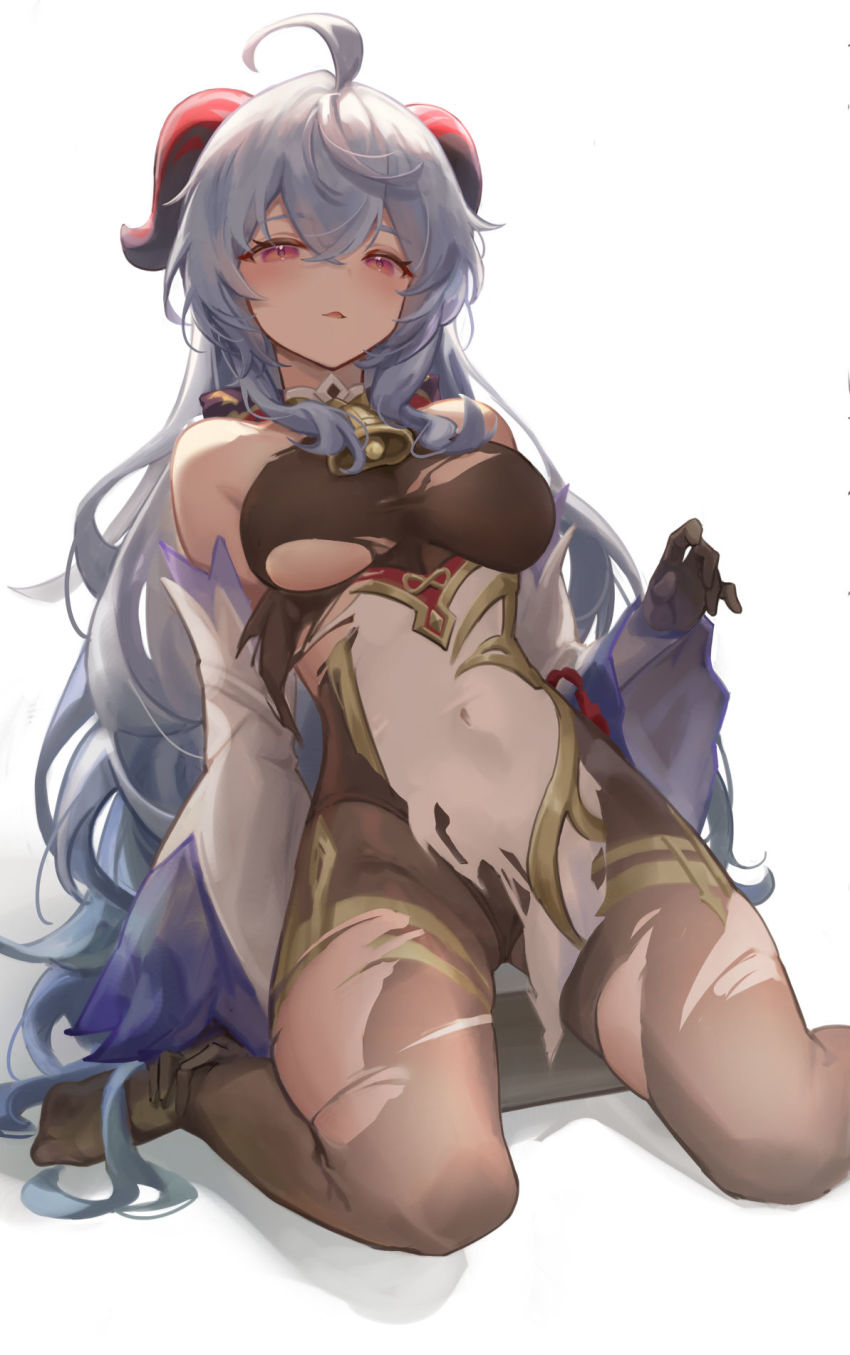 1girl, ahoge, arm_support, bare_shoulders, bell, black_bodysuit, black_gloves, black_leotard