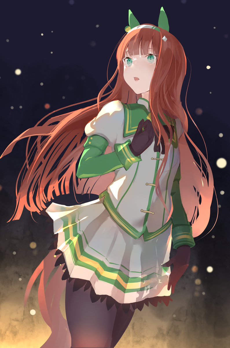 1girl, :o, animal_ears, black_gloves, black_pantyhose, blunt_bangs, ear_covers, from_below