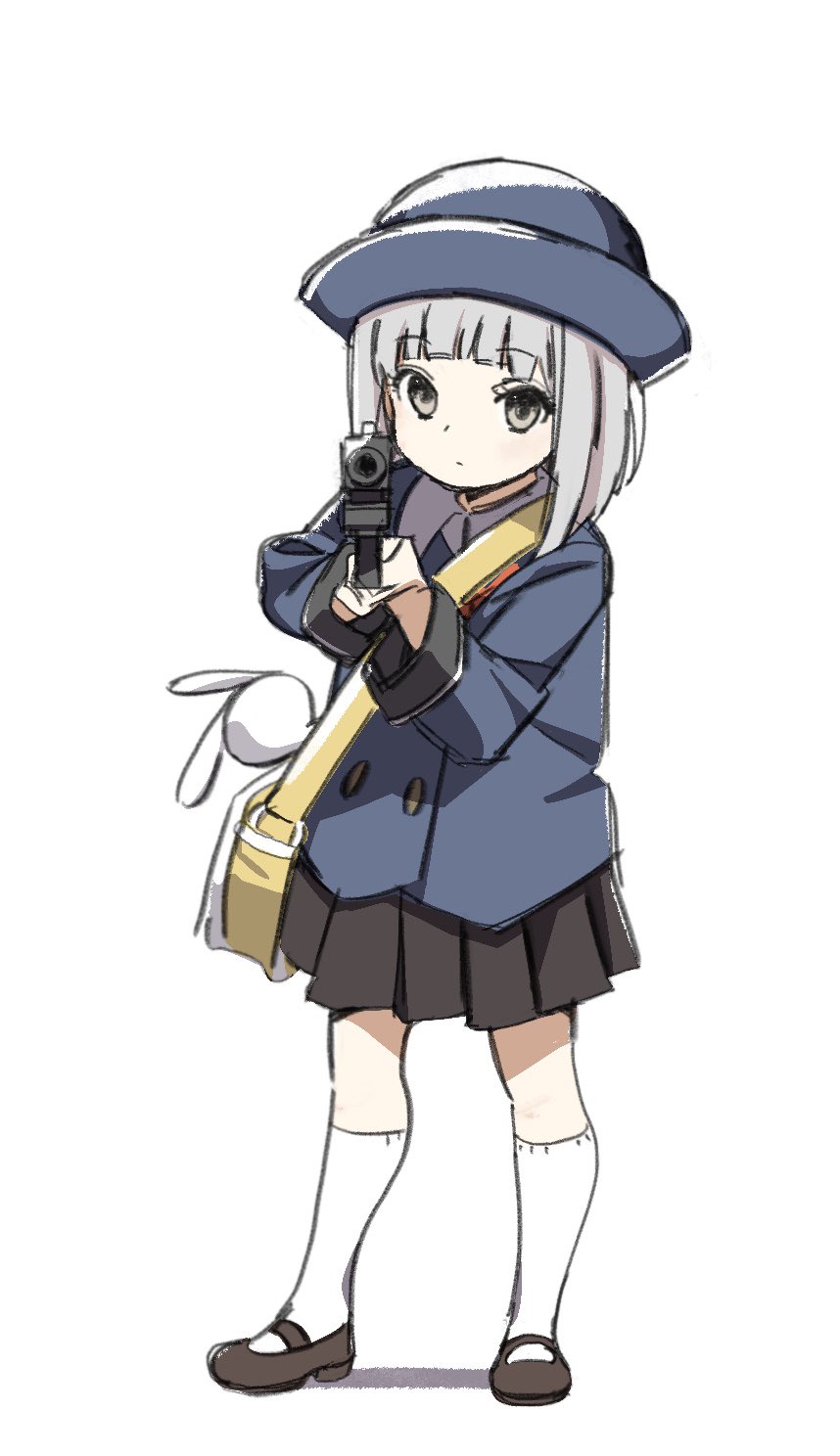 1girl, aiming, aiming_at_viewer, bag, blush, chihiro_(juusan_kihei_bouei_ken), expressionless, full_body, grey_eyes, grey_hair, gun, handgun, hat, highres, holding, holding_gun, holding_weapon, jacket, juusan_kihei_bouei_ken, kindergarten_bag, kindergarten_uniform, kneehighs, looking_at_viewer, mary_janes, medium_hair, nnn-ollll, pleated_skirt, school_hat, shoes, shoulder_bag, simple_background, sketch, skirt, socks, solo, stuffed_animal, stuffed_rabbit, stuffed_toy, weapon, white_background