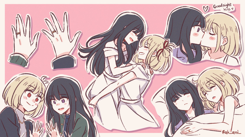 2girls, akamirai, bare_arms, bare_shoulders, black_hair, black_jacket, blanket, blue_shirt