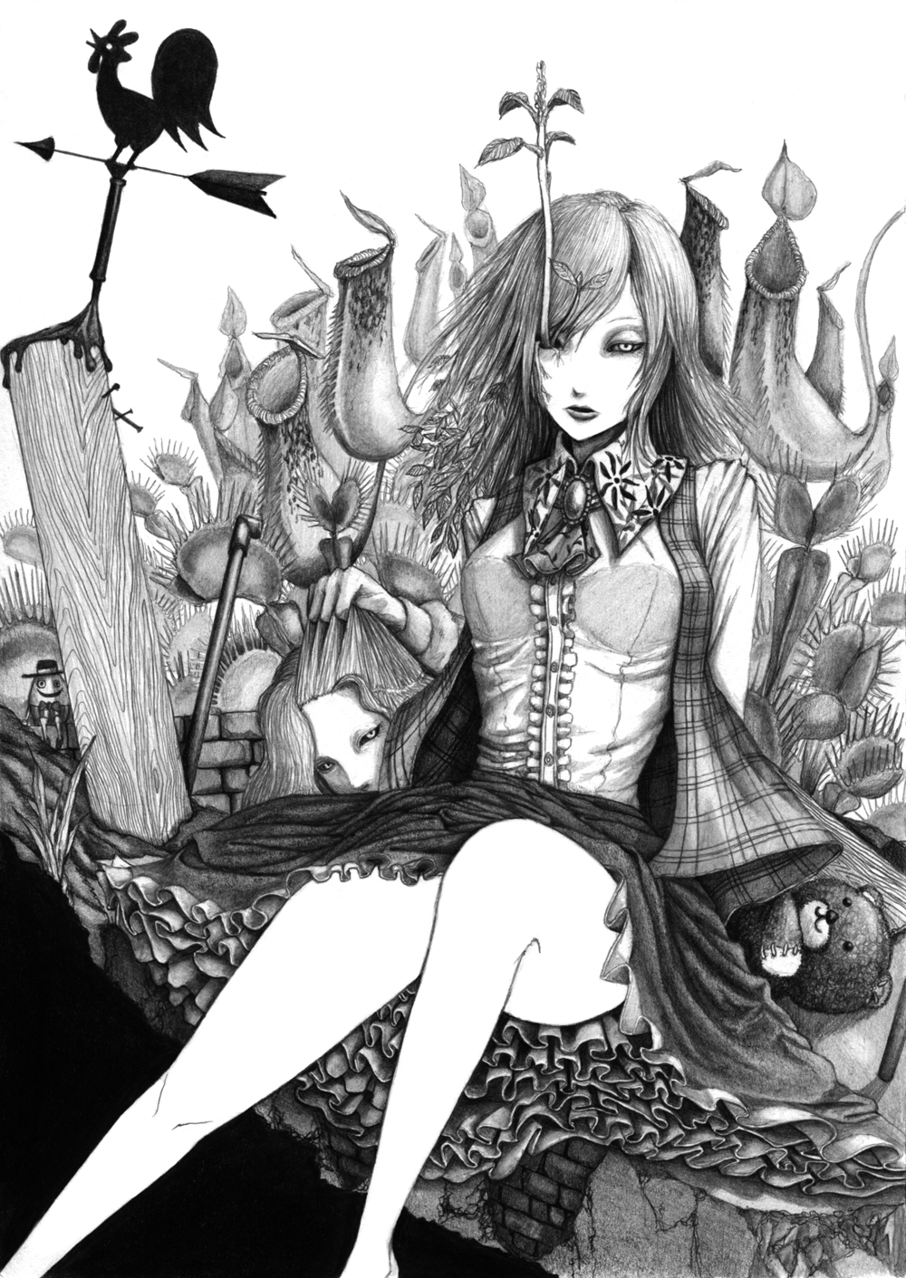 1girl, ascot, black_sclera, colored_sclera, creepy, female_focus, frills, frown