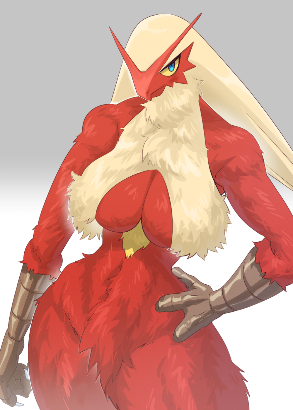 1girl, animal_hands, arm_at_side, beak, bird_girl, blaziken, blonde_hair, blue_eyes, blush, body_fur, breasts, claws, cleavage, closed_mouth, colored_sclera, cowboy_shot, female_focus, furry, furry_female, gen_3_pokemon, gradient_background, grey_background, hand_on_own_hip, highres, large_breasts, long_hair, looking_at_viewer, mao_uyasunari, mature_female, nintendo, pokemon, pokemon_(creature), red_fur, simple_background, solo, standing, thick_thighs, thighs, two-tone_fur, wide_hips, yellow_fur, yellow_sclera
