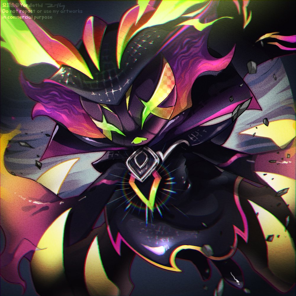 1girl, black_robe, cape, empyrean_vex, english_text, facing_viewer, gem, glowing, horns, league_of_legends, long_sleeves, mask, robe, solo, vex_(league_of_legends), watermark, yodeulsong_(yordlethd), yordle