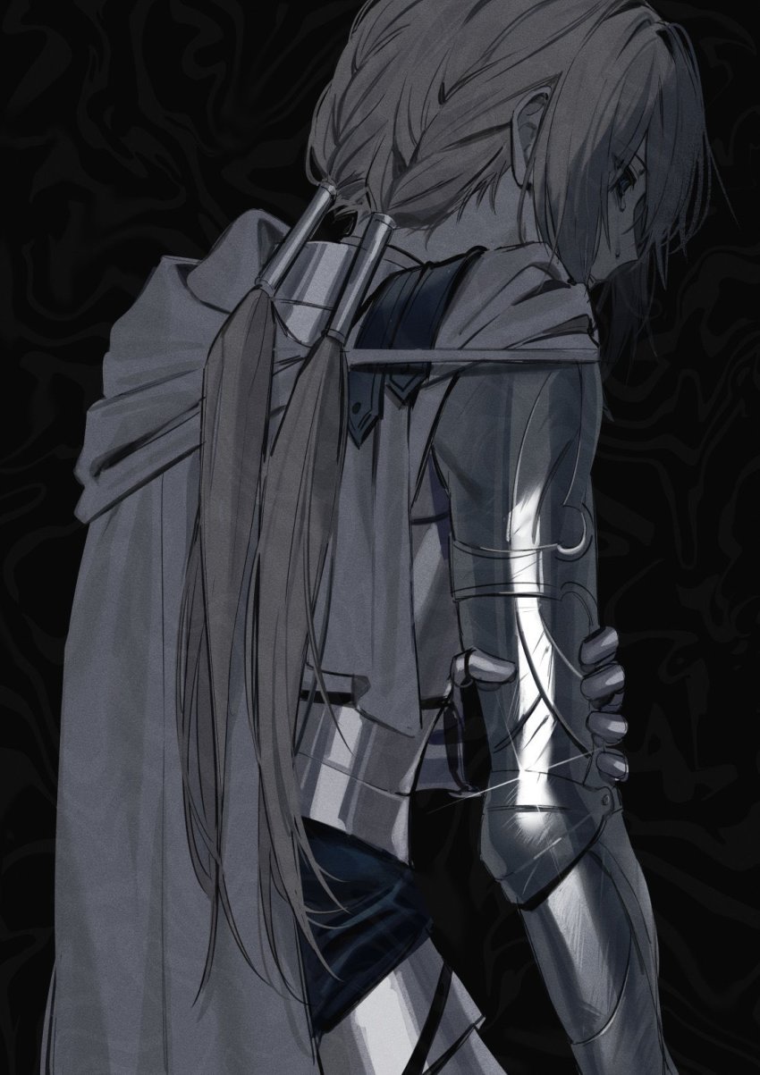 1boy, armor, bedivere_(fate), bedivere_(third_ascension)_(fate), black_background, cape, crying, fate/grand_order, fate_(series), from_behind, gauntlets, grey_hair, highres, hand_on_own_arm, long_hair, low_twintails, male_focus, prosthesis, prosthetic_arm, simple_background, twintails, x49xp